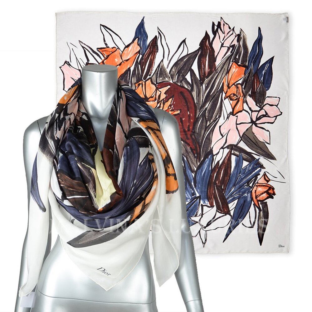 DIOR SCARF STOLE ABSTRACT FLORAL PRINT WOVEN SILK SIGNATURE 52 x 55